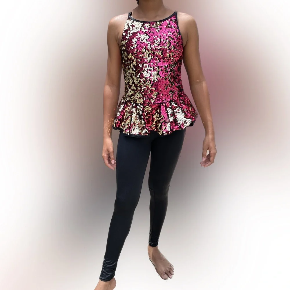 Black Unitard with red & gold sequins.Dance/Performance Costume.  Size M